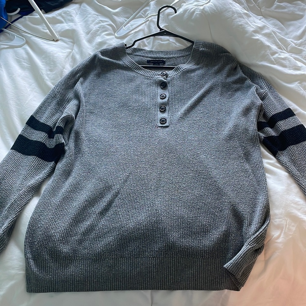 American Eagle Gray Varsity stripe henley pullover ribbed sweater